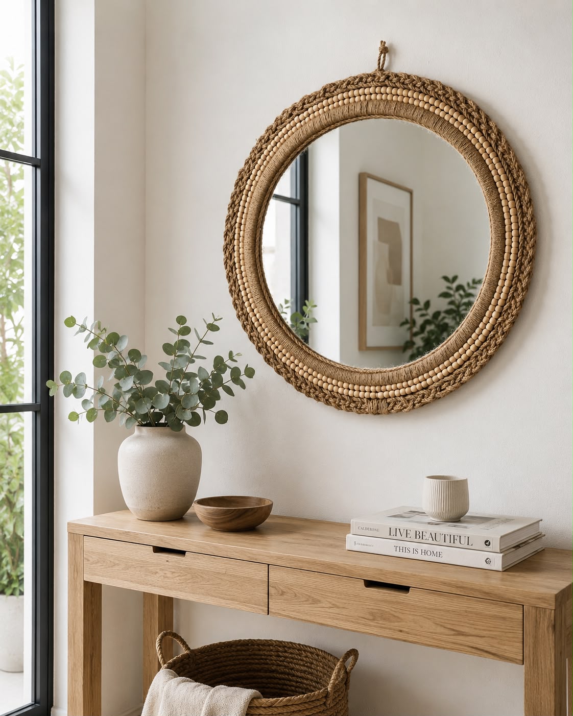 Round Beaded Jute Mirror