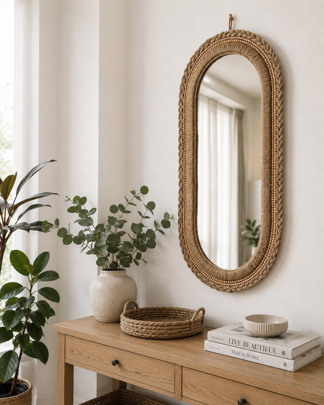 Oval Beaded Jute Mirror